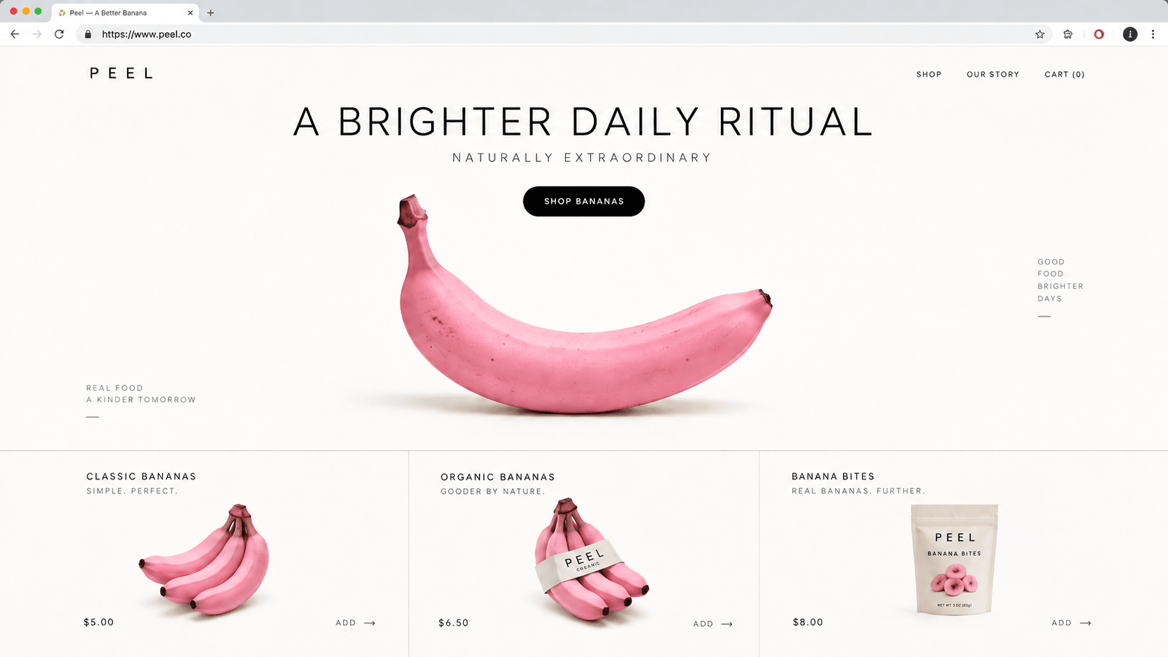 Le même commerce, refait : une page sobre, une banane rose en grand