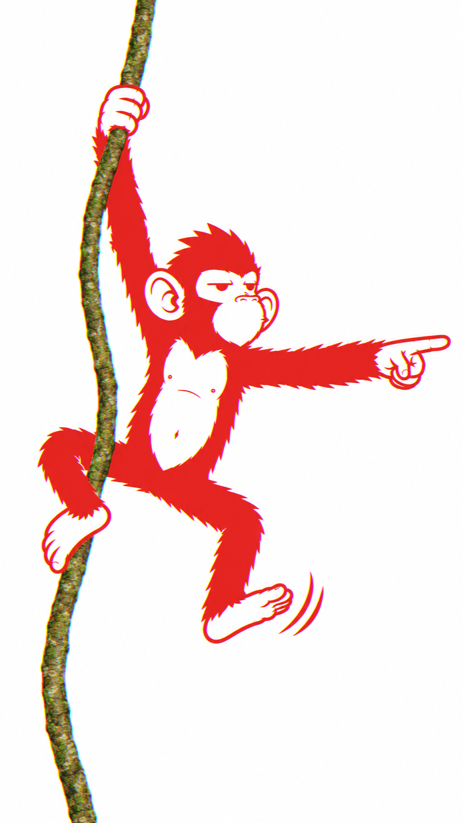 Le singe, suspendu à une liane, désigne l'écran du doigt