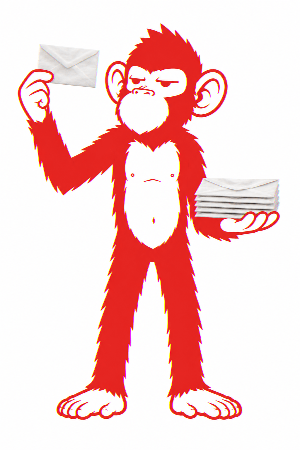 Le singe MAKAK en facteur, une lettre dans une main, une pile d'enveloppes dans l'autre