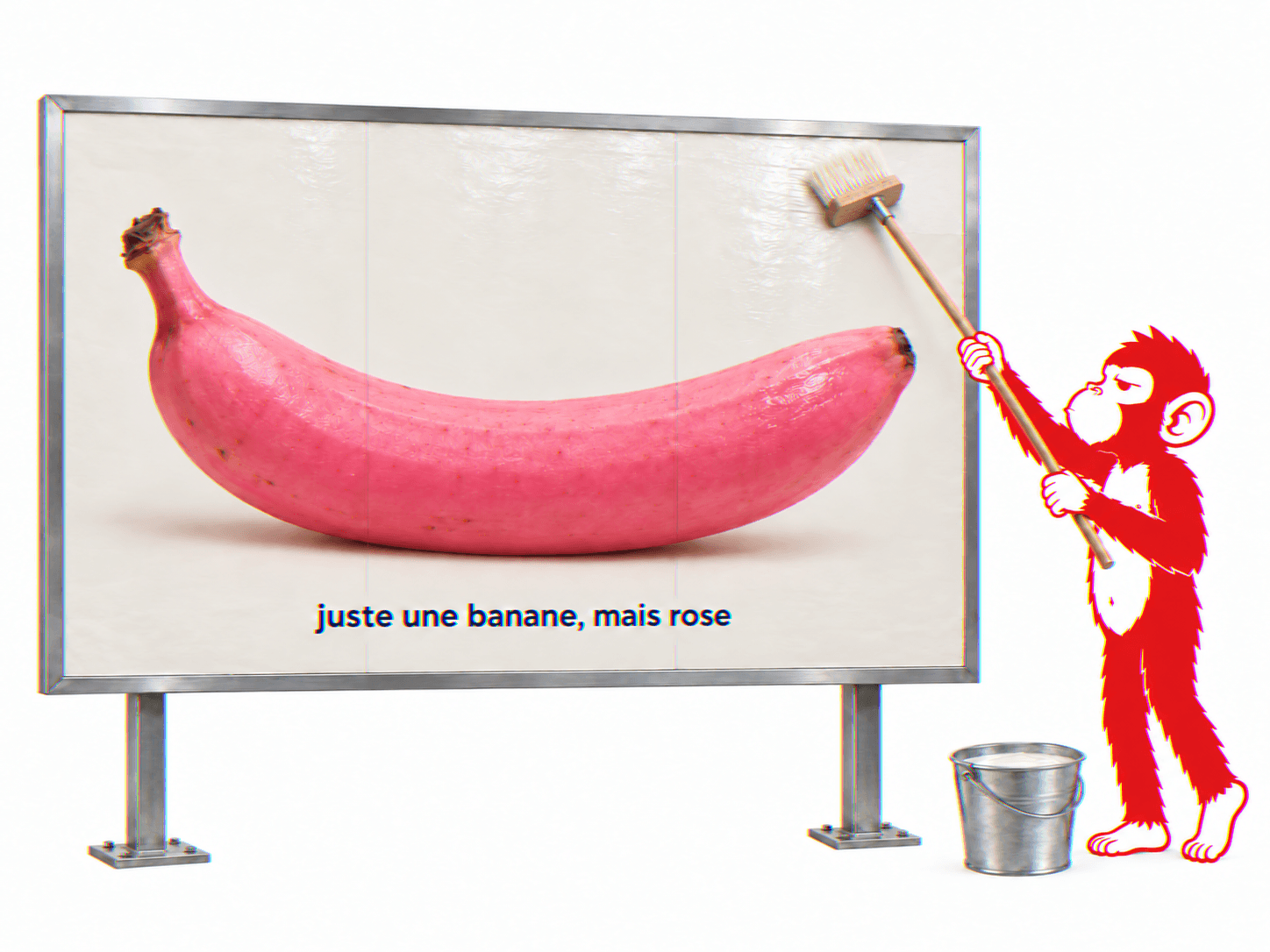 Le singe colle son affiche : juste une banane, mais rose