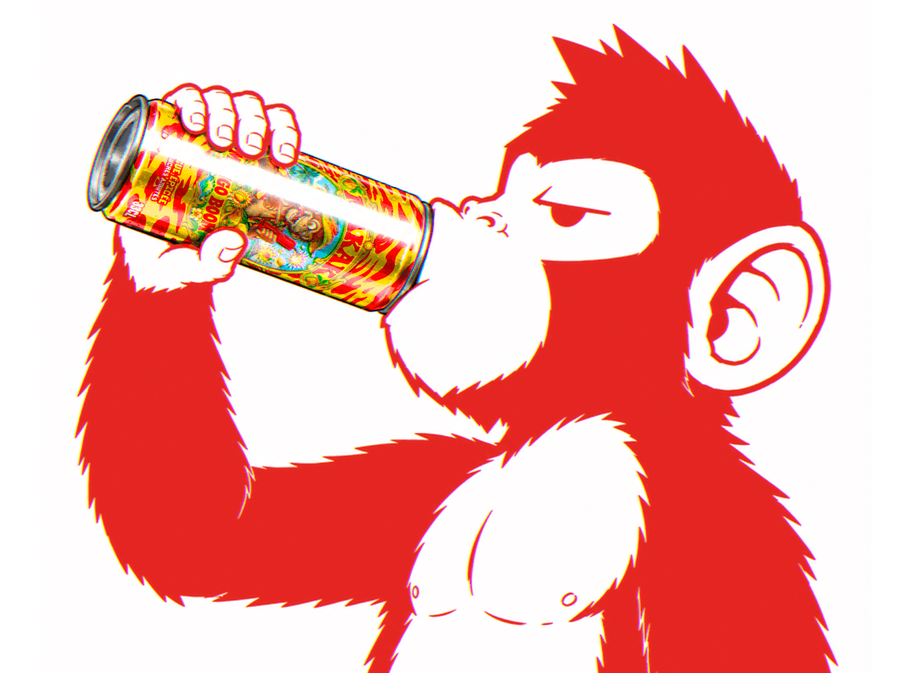 Le singe boit une canette de Mango Boom