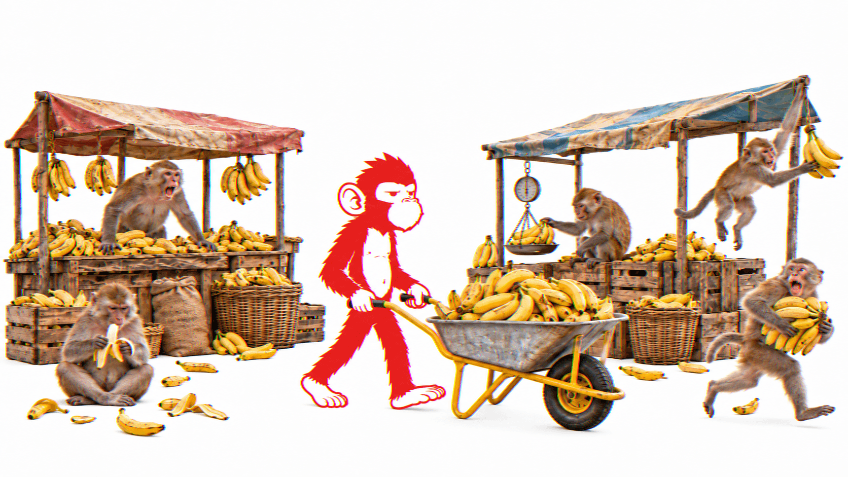 Un marché de la jungle saturé d'étals de bananes, le singe poussant sa brouette au milieu