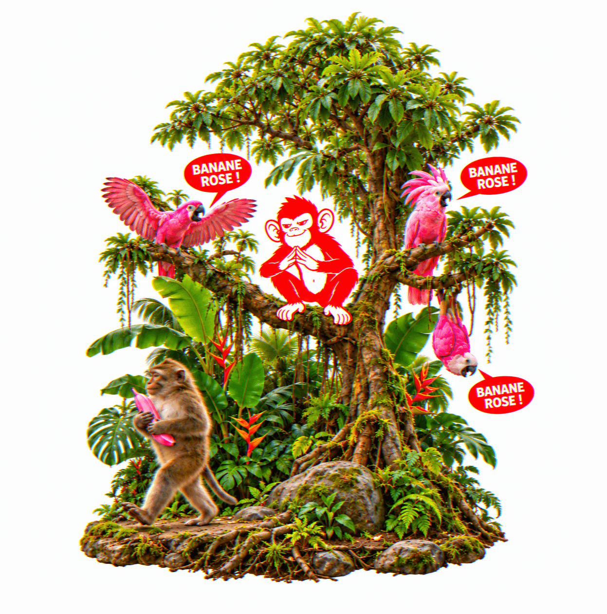 Des perroquets roses répètent « banane rose » dans toute la jungle