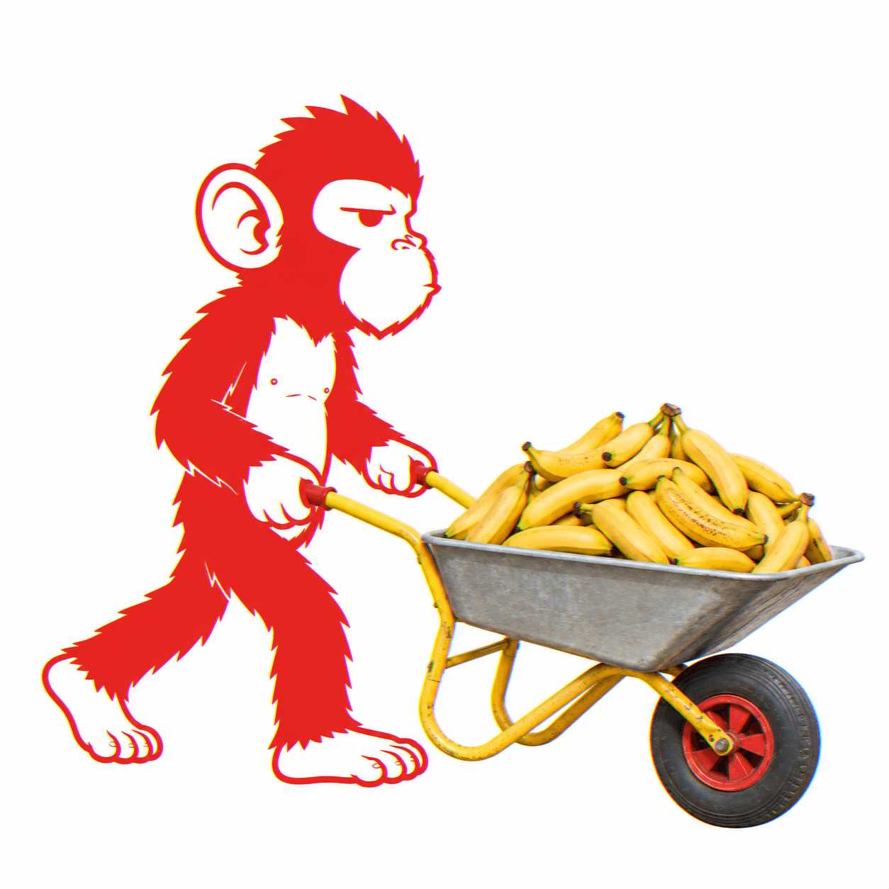 Le singe pousse une brouette pleine de bananes