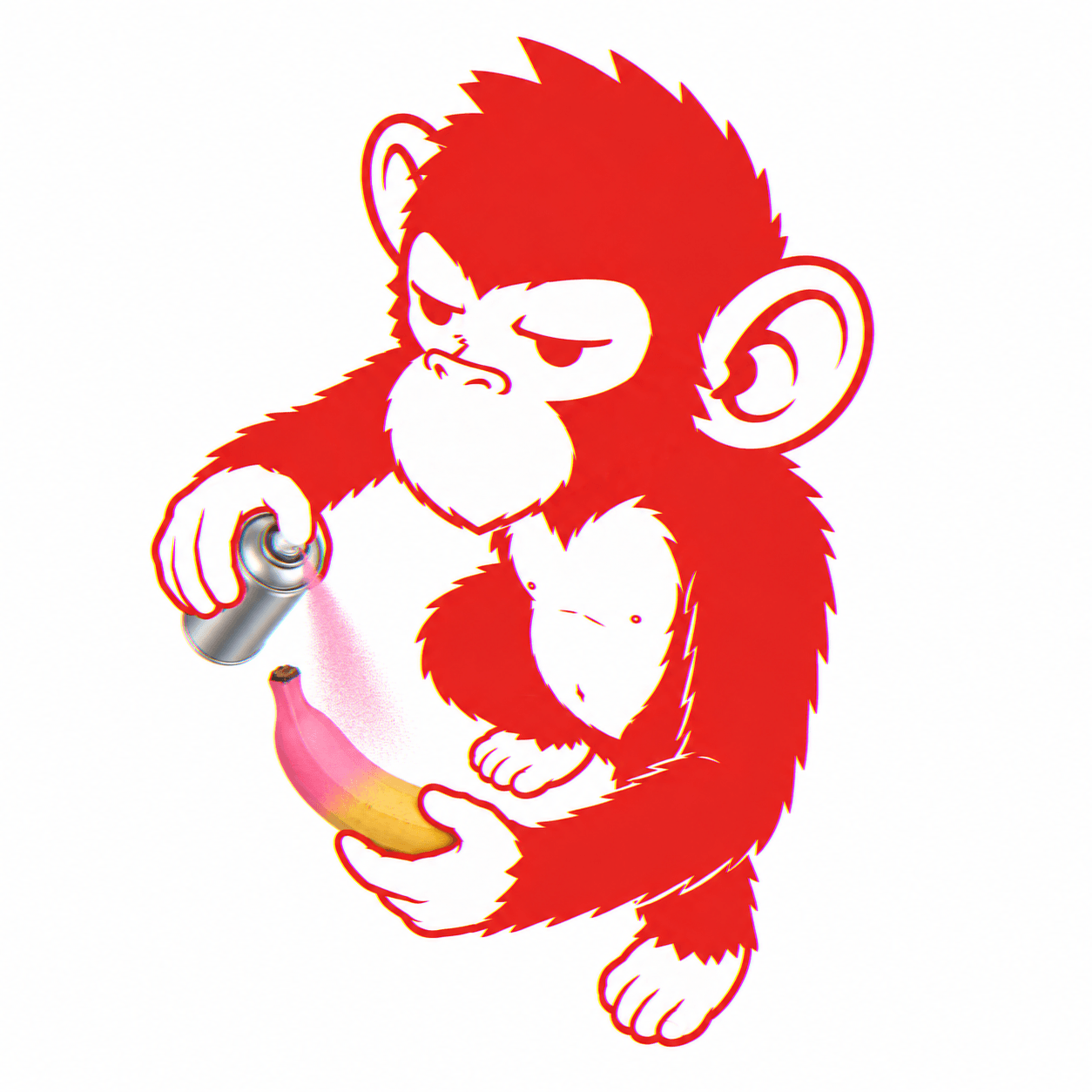 Le singe peint sa banane en rose à la bombe