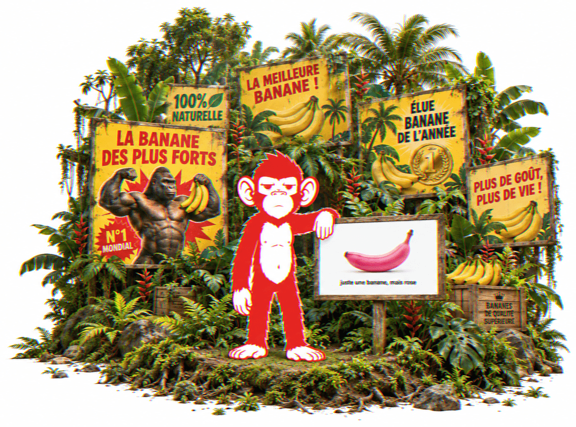 Face aux panneaux tapageurs de la jungle, un écriteau sobre : juste une banane, mais rose