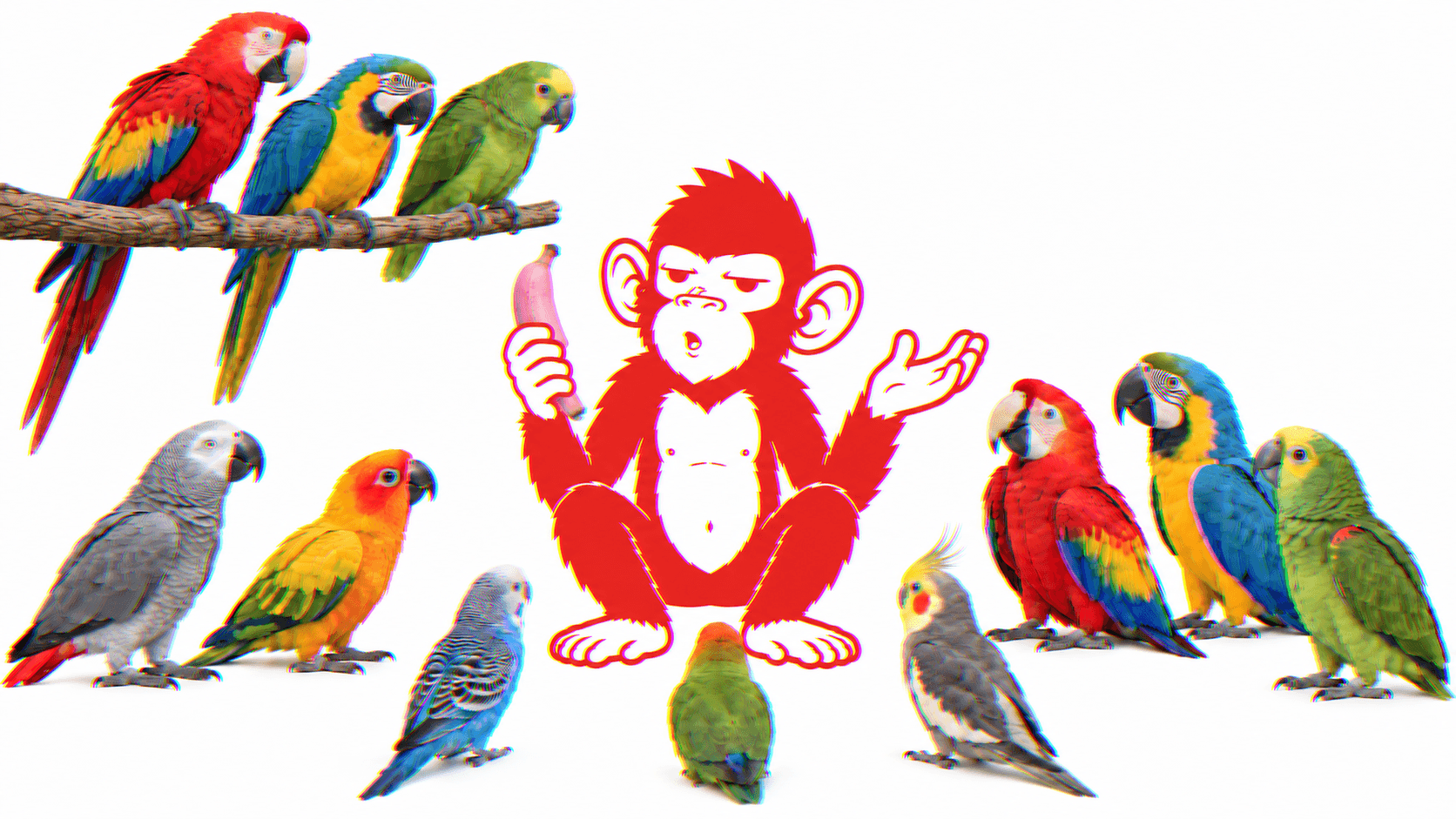 Le singe, banane rose en main, haranguant une assemblée de perroquets