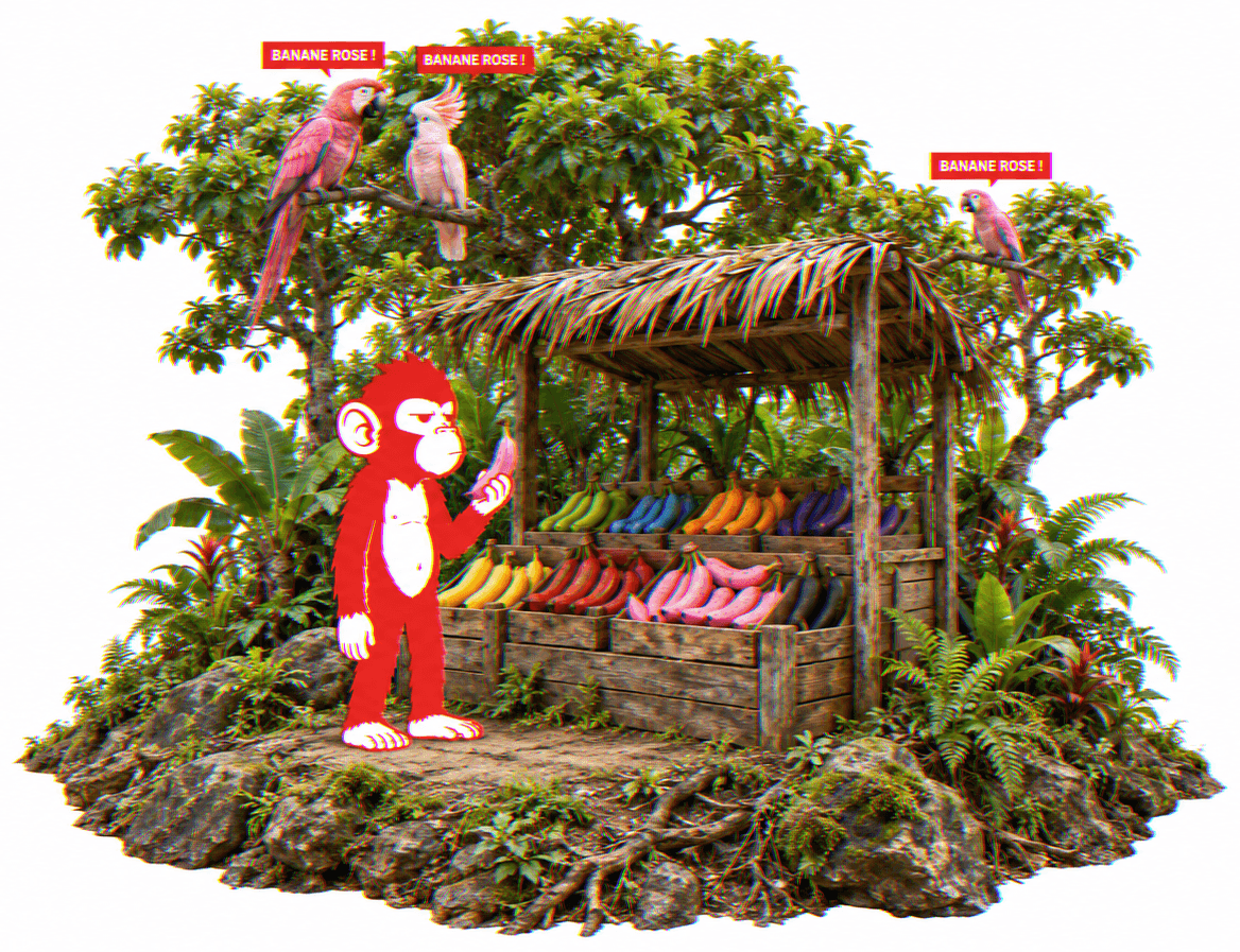 Devant un étal de bananes de toutes les couleurs, le singe saisit la rose pendant que des perroquets roses répètent « banane rose »