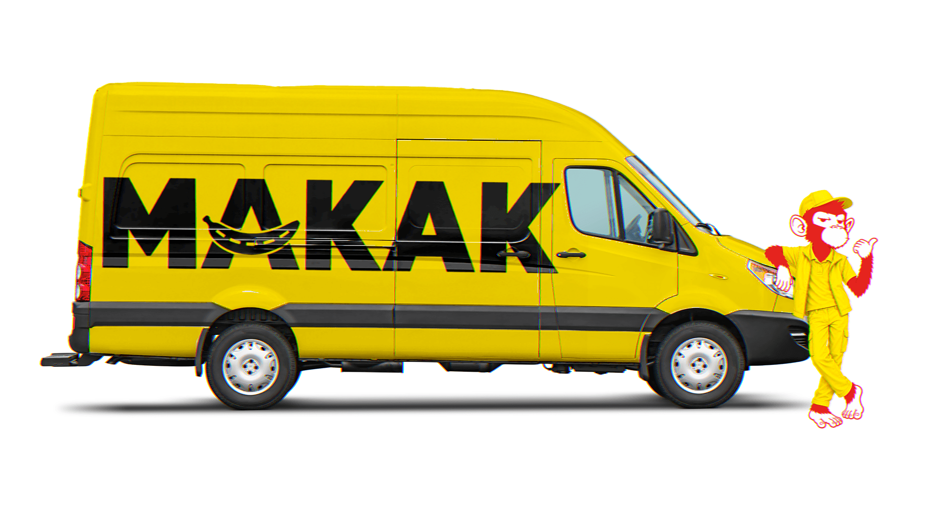 Le singe livreur accoudé au camion jaune MAKAK